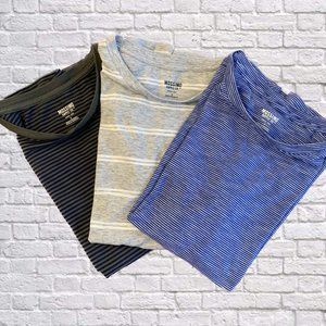3 Mossimo Junior Small Crewneck Striped T Shirts Gray, Blue, and Khaki